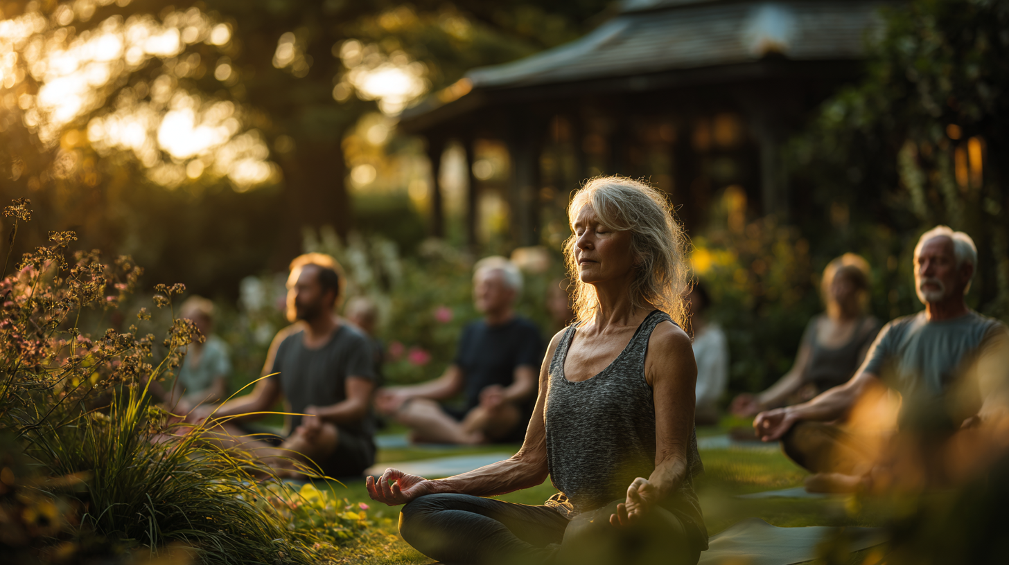Възрастни хора практикуват йога сред природата